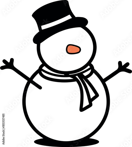 A cute cartoon snowman illustration with a black top hat, red scarf, and carrot nose, representing the winter holiday season in a simple, cheerful, and festive style