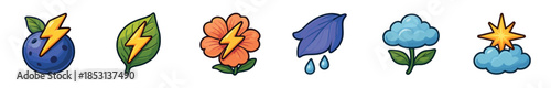 Nature and weather icons featuring various elements and symbols like lightning bolts, raindrops, clouds, flowers, and leaves in a vibrant cartoon style.