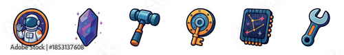 Various cartoon style game assets and tools including an astronaut, a crystal, a hammer, a key, a chip, and a wrench, presented as a vibrant collection of icons.