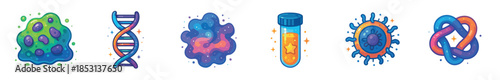 Colorful scientific and abstract icons, rendered in a vibrant cartoon style, illustrate diverse concepts in biology, chemistry, and theoretical physics.