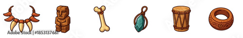 Cartoon tribal ancient artifacts collection featuring various mystical items, including a bone, drum, statue, and necklace, rendered in a vibrant, playful style.