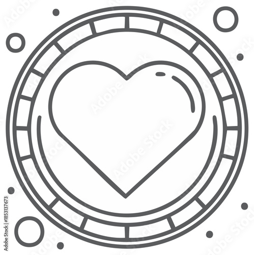 Outline icon of a heart symbol within a segmented coin shape surrounded by abstract dots