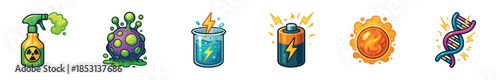 Various science icons representing energy, biology, radiation, and chemical reactions are displayed in a vibrant cartoon style, perfect for educational or conceptual designs.