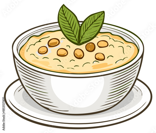 Stylized cartoon illustration of a bowl of porridge topped with nuts and leaves