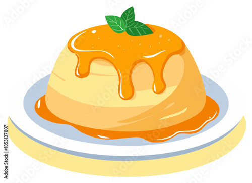 Delicious caramel custard dessert with fresh mint on a plate