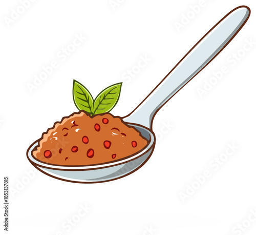 Cartoon Spoon Filled With Tomato Sauce and Red Ingredients With Green Leaves