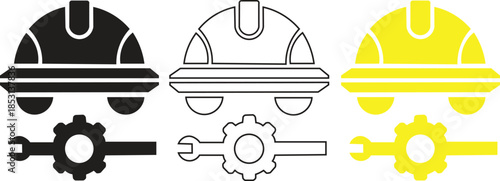 Black, White, and Yellow Hard Hat with Gear and Wrench Icon - Construction Safety and Industrial Protection Design