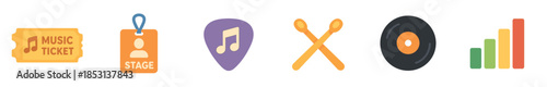 Music and event icons collection representing various entertainment elements like tickets, backstage passes, guitar picks, drumsticks, vinyl records, and sound equalizers.