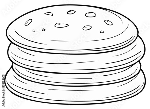 Stack of Chocolate Chip Pancakes Black and White Line Art Illustration