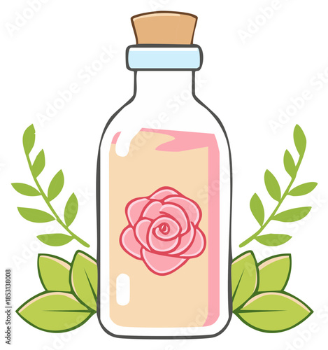 Cartoon illustration of a vintage glass bottle of rose essential oil with a cork stopper and green leaves