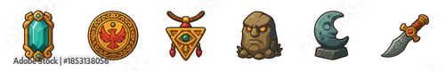 Fantasy game icons collection of mystical objects including a glowing emerald amulet, phoenix medallion, tribal pendant, stone golem head, crescent moon statue, and an ancient dagger.