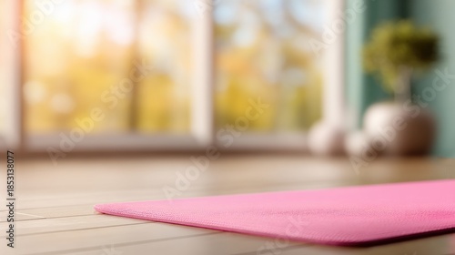 Yoga mat placed on wooden floor in a bright room during late afternoon