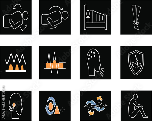 A professional medical icon set illustrating restless sleep symptoms, including tossing and turning, sleep disturbance, fragmented sleep, fatigue, and poor sleep quality.