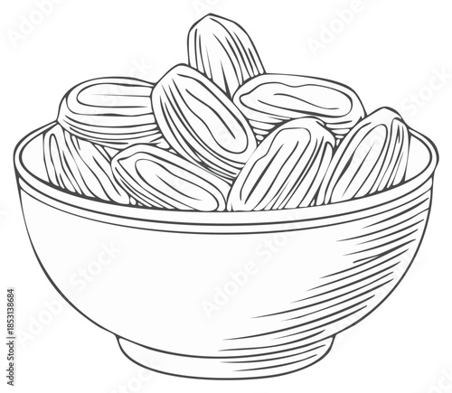 Bowl of dried dates, a natural sweet healthy snack, simple line drawing illustration