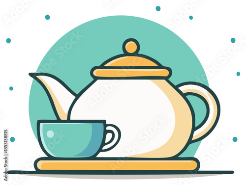 Stylized illustration of a cozy teapot and teacup for a perfect hot drink relaxation