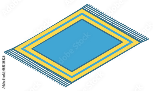 Colorful rectangular area rug with yellow border and fringe flat vector icon
