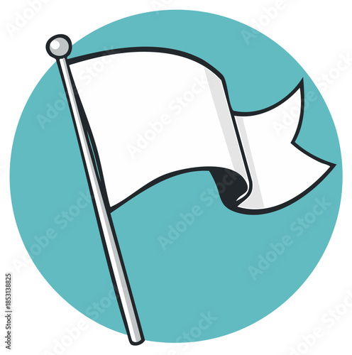 Cartoon white flag waving on a flagpole, a symbol of surrender, truce, or peace in a circle icon.