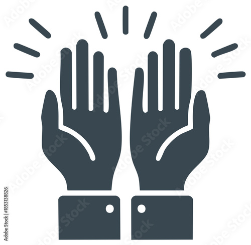 Two hands raised in celebration high five gesture or applause with radiating lines symbol