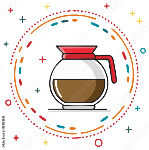 Flat design coffee carafe filled with beverage in a vibrant geometric patterned circle