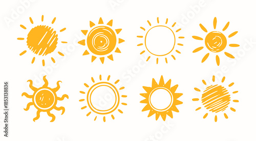 Various unique yellow Suns. Abstract, doodle, childish style, different rays. Weather app, summer mood, travel, climate, sunlight concept. Hand drawn Vector illustration. Isolated design elements 