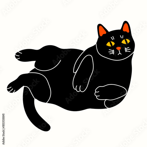 Black playful Cat lying on side. Cozy, comfortable position. Funny cute character. Hand drawn trendy Vector illustration. T-shirt print, poster, sticker, card, logo design template