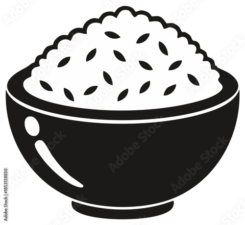Simple illustration of a bowl filled with white rice grains and a scalloped edge top in a minimalist black and white style.