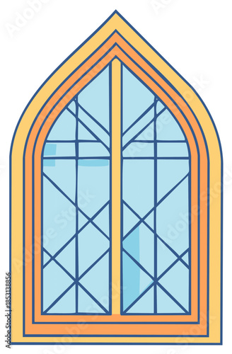 Illustration of an arched window with a patterned pane and a golden yellow frame