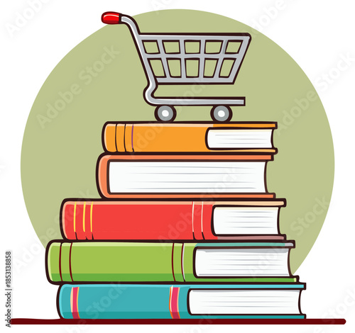Cartoon shopping cart on a stack of colorful books for a bookstore or online shopping concept