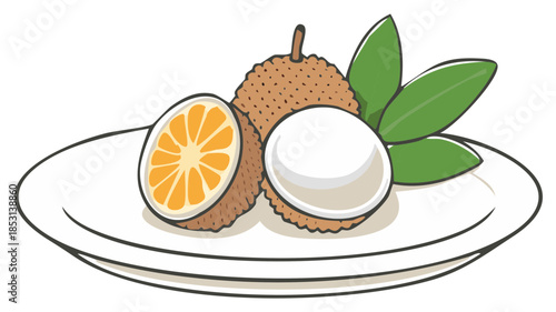 Lychee Fruit Arrangement on Plate with Leaves Still Life Illustration