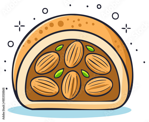 Hand-drawn illustration of a sweet pastry filled with almonds and green bits