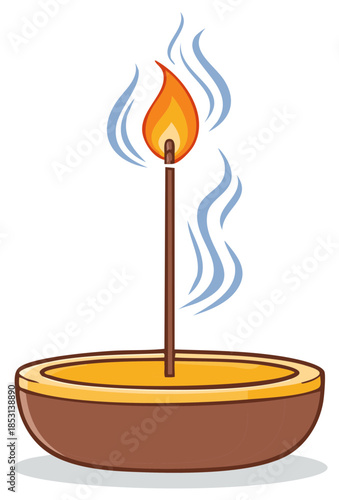 Stylized illustration of a burning incense stick emitting wisps of smoke