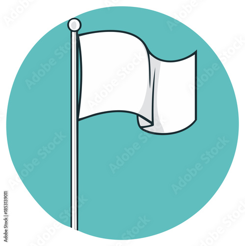 White flag waving on a pole within a teal circle, representing surrender or peace, in a flat design style