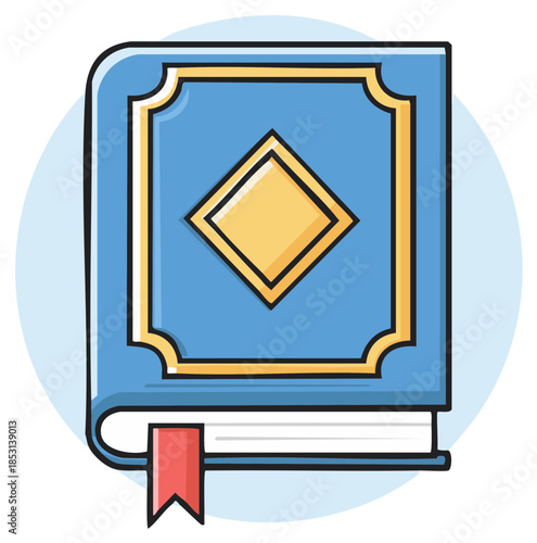 Blue hardcover book with yellow diamond emblem and red ribbon bookmark