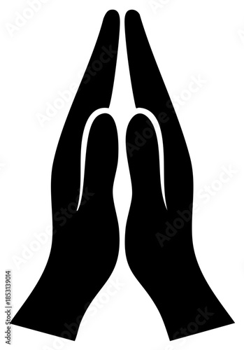Black silhouette of hands folded in a prayer position symbolizing spiritual devotion faith hope and peace