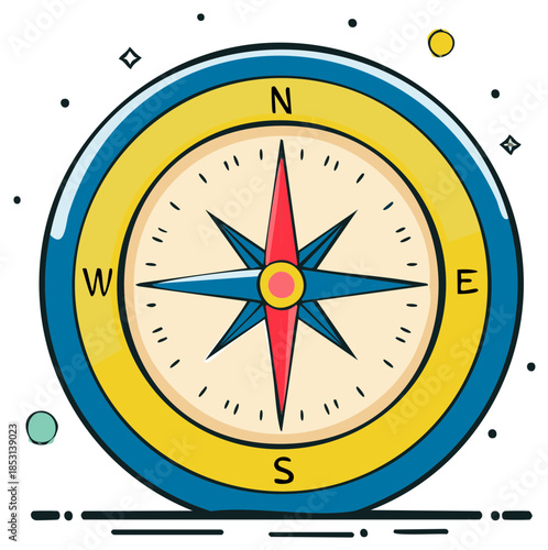 Hand drawn cartoon compass with cardinal directions showing north south east west