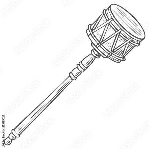 Black and white line art drawing of a ceremonial drum major mace baton musical instrument