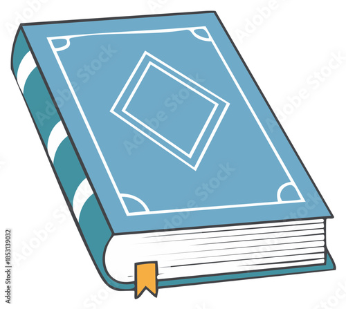 Simple cartoon illustration of a closed blue hardcover book with a decorative cover and bookmark