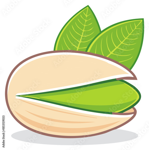 Stylized Illustration of a Pistachio Nut with Two Green Leaves