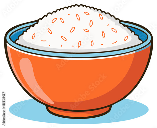 Vibrant cartoon illustration of white fluffy cooked rice served in a colorful orange bowl a delicious staple food