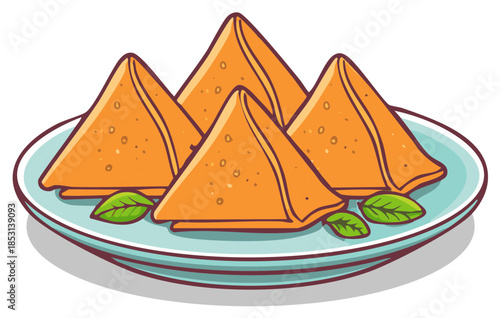 Vector illustration of traditional fried samosas served on a plate with fresh leaves