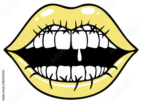 Open Mouth Illustration with Yellow Lips and Teeth, Saliva Drip, Black Outline