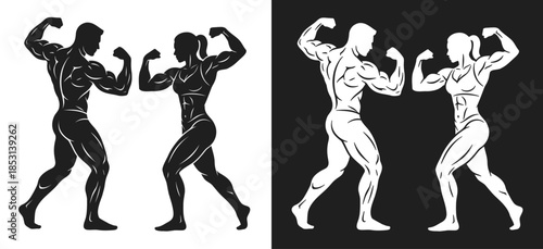 Male and female bodybuilders flexing pose illustration representing muscle strength, fitness training, bodybuilding competition, and physical power.