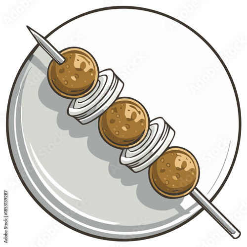 Delicious Appetizer Skewer with Meatballs and Sliced Onions Served on a Plate