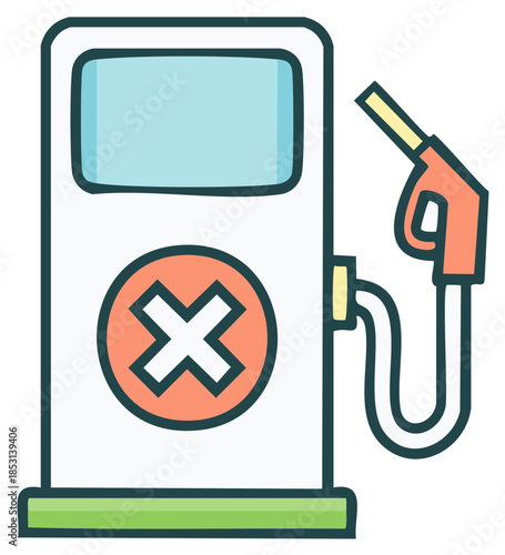 Cartoon fuel pump with a red prohibition symbol and nozzle. Concept of no gas or fuel shortage.