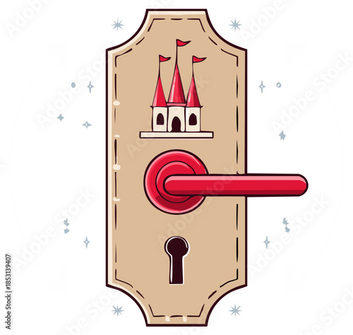 Whimsical fairytale door handle with a red castle illustration and magical keyhole