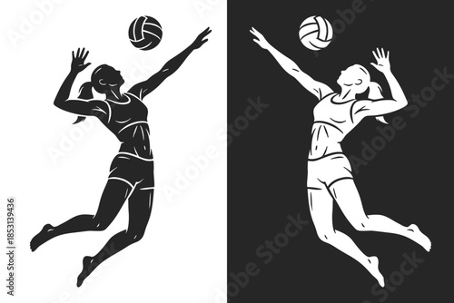 Volleyball female player jump spike illustration representing competitive sport action, athletic strength, motion, and teamwork.