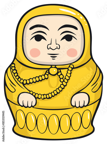 Yellow Buddhist monk Matryoshka nesting doll vector illustration with prayer beads