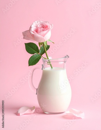 Pastel pink rose in a glass jug with milk, creative floral composition