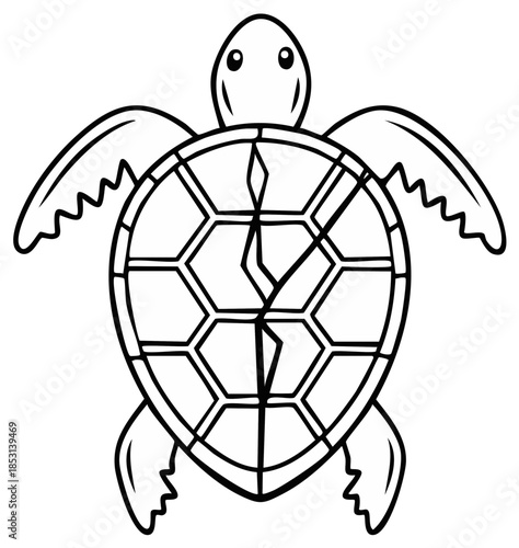 Injured sea turtle with a cracked shell, a line art illustration for conservation and environmental themes