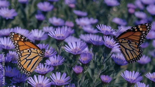 Two monarch butterflies on purple aster flowers in a field